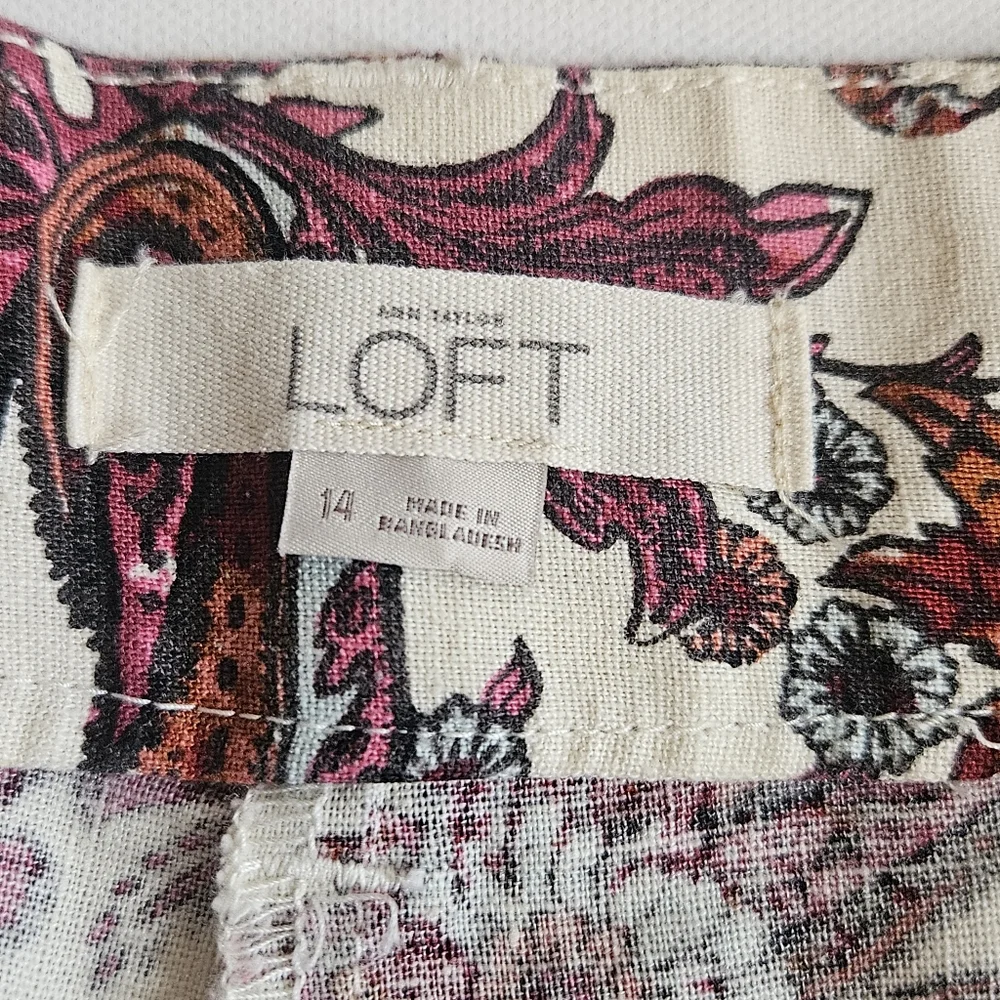 Loft Linen Blend‎ Chino Shorts Womens 14 White Purple Paisley Boho Cottagecore